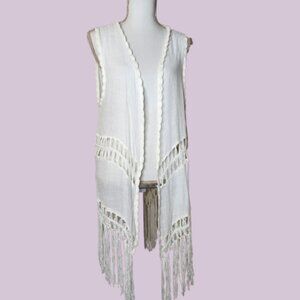 Questions Womens XL White Fringe Crochet Duster Beach Swim Cover up